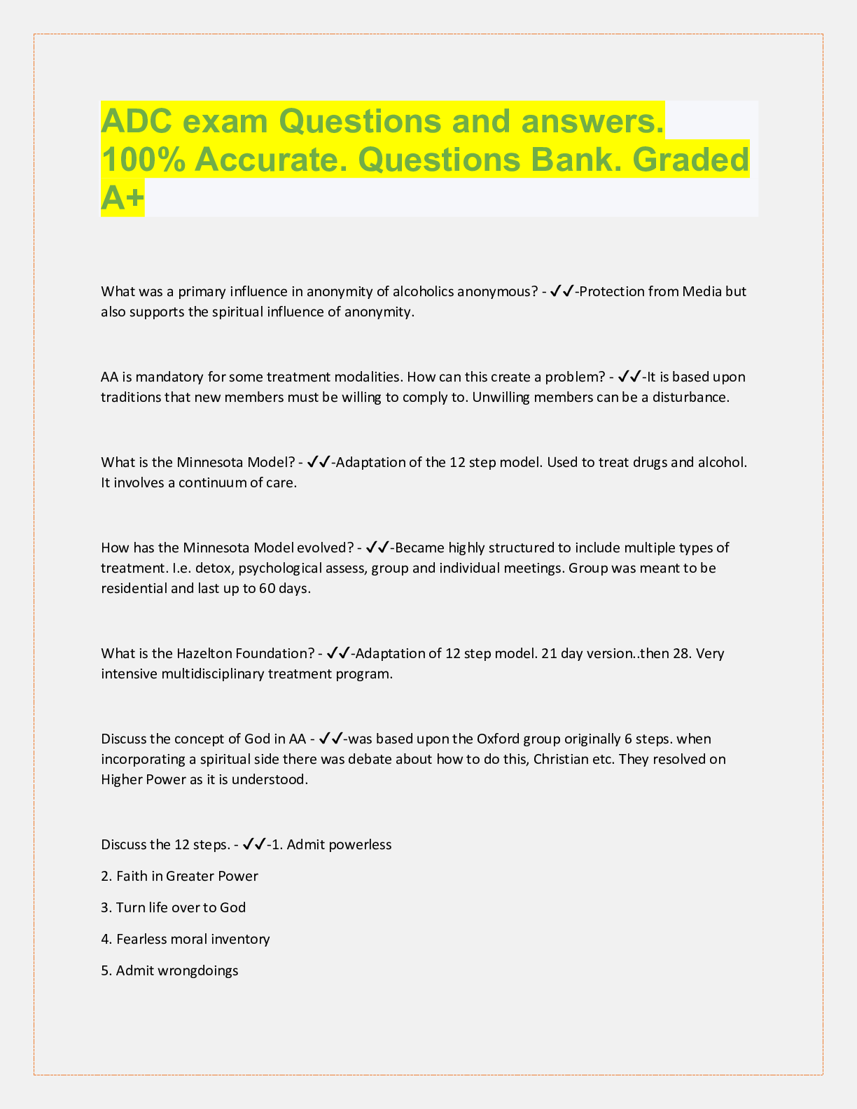 Preview image for ADC exam Questions and answers.  100% Accurate. Questions Bank. Graded  A+